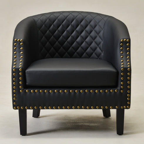 Louis Faux Leather Tufted Club Chair - Black Accent Chair | Decorative Accent Chairs | Kinwell Furniture | Modern Club Chairs | Barrel Club Chair | Nailhead Trim Chair | Contemporary Faux Leather Chair | Elegant Black Chair